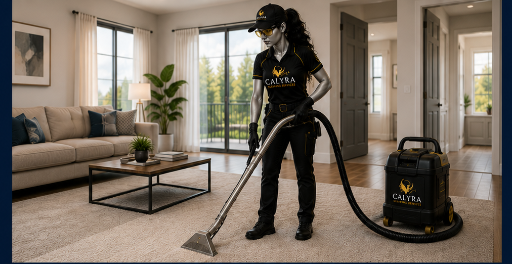 Reba standing and professionally cleaning carpet inside a residential home
